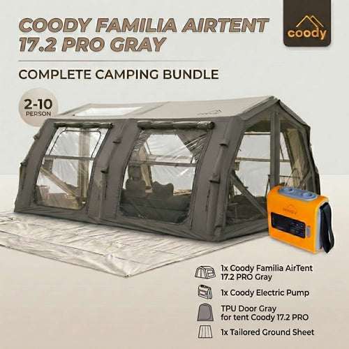 RBM Outdoors Coody Familia AirTent 17.2 PRO Gray (2-10 Person)+Electric Pump+TPU Door Gray+Ground Sheet