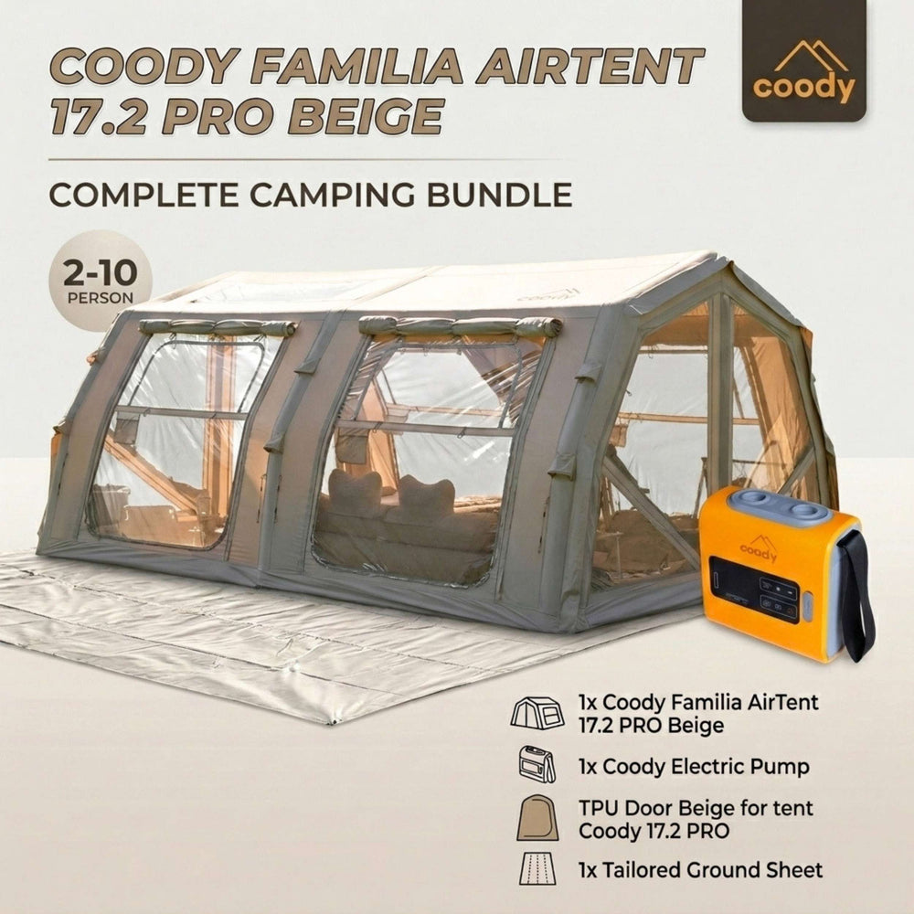 RBM Outdoors Coody Familia AirTent 17.2 PRO Beige (2-10 Person)+Electric Pump+TPU Door Beige+Ground Sheet