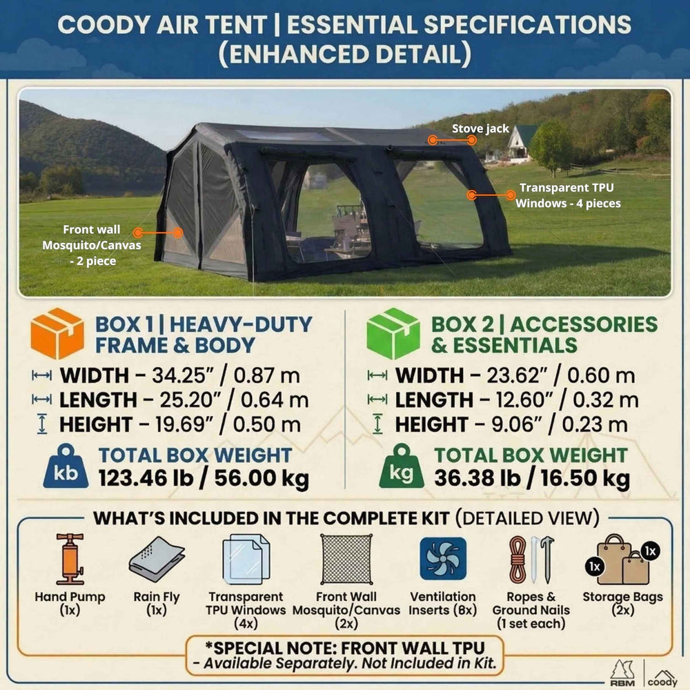 RBM Outdoors Coody Familia AirTent 17.2 PRO Black (2-10 Person)+Electric Pump+TPU Door Black+Ground Sheet