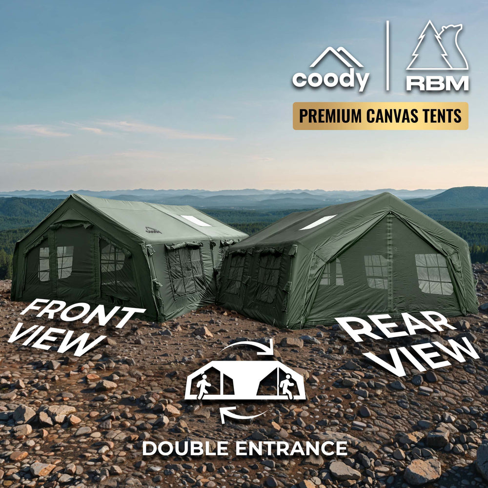 RBM Outdoors Coody 17.2 | RBM Outdoors (Koala 7) Forest Green + Stove Caminus M - Inflatable Tents with Stove