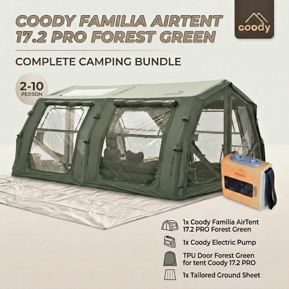RBM Outdoors Coody Familia AirTent 17.2 PRO Forest Green (2-10 Person)+Electric Pump+TPU Door Forest Green+Ground Sheet