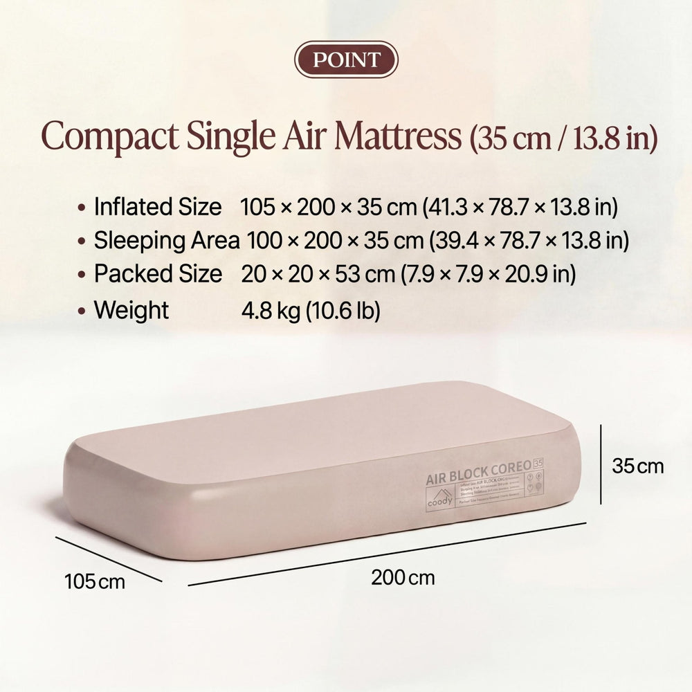 RBM Outdoors Coody Coreo Air Mattress Single (105 × 200 × 35 cm) – Structured Air Block Inflatable Bed, Compact Pack Design
