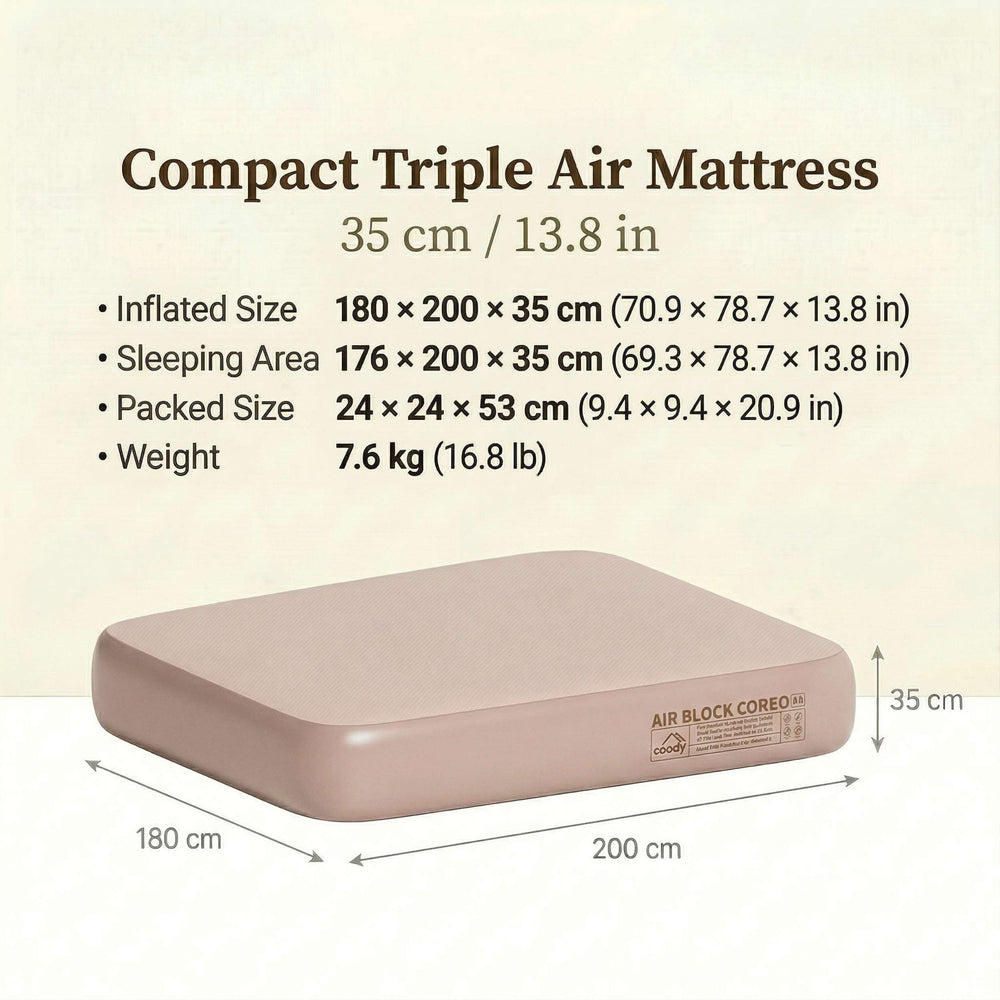 RBM Outdoors Coody Coreo Air Mattress Wide Queen (180 × 200 × 35 cm) – Structured Air Block Inflatable Bed, Compact Pack Design