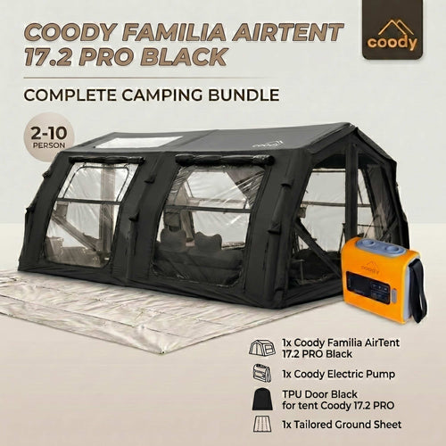 RBM Outdoors Coody Familia AirTent 17.2 PRO Black (2-10 Person)+Electric Pump+TPU Door Black+Ground Sheet