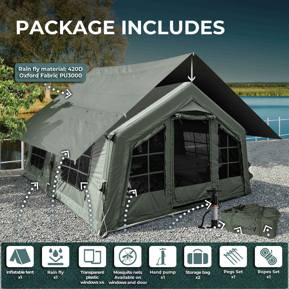 Coody 13.6 | RBM Outdoors (Koala 5) Forest Green + Stove Caminus M - Inflatable Tents with Stove