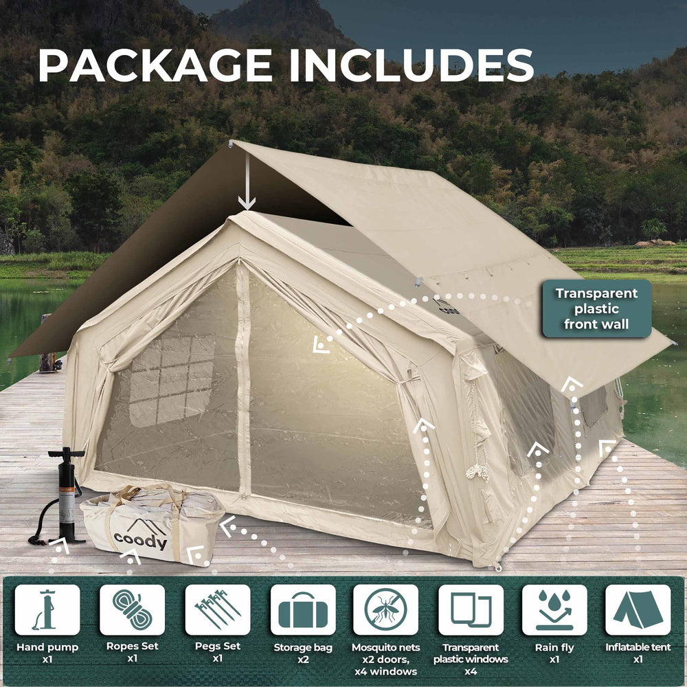 Coody 17.2 | RBM Outdoors (Koala 7) Beige + Stove Caminus M - Inflatable Tents for Camping with Stove