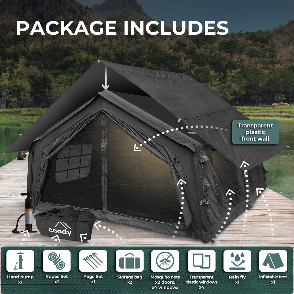 Coody 17.2 | RBM Outdoors (Koala 7) Black + Stove Caminus M - Inflatable Tents with Stove
