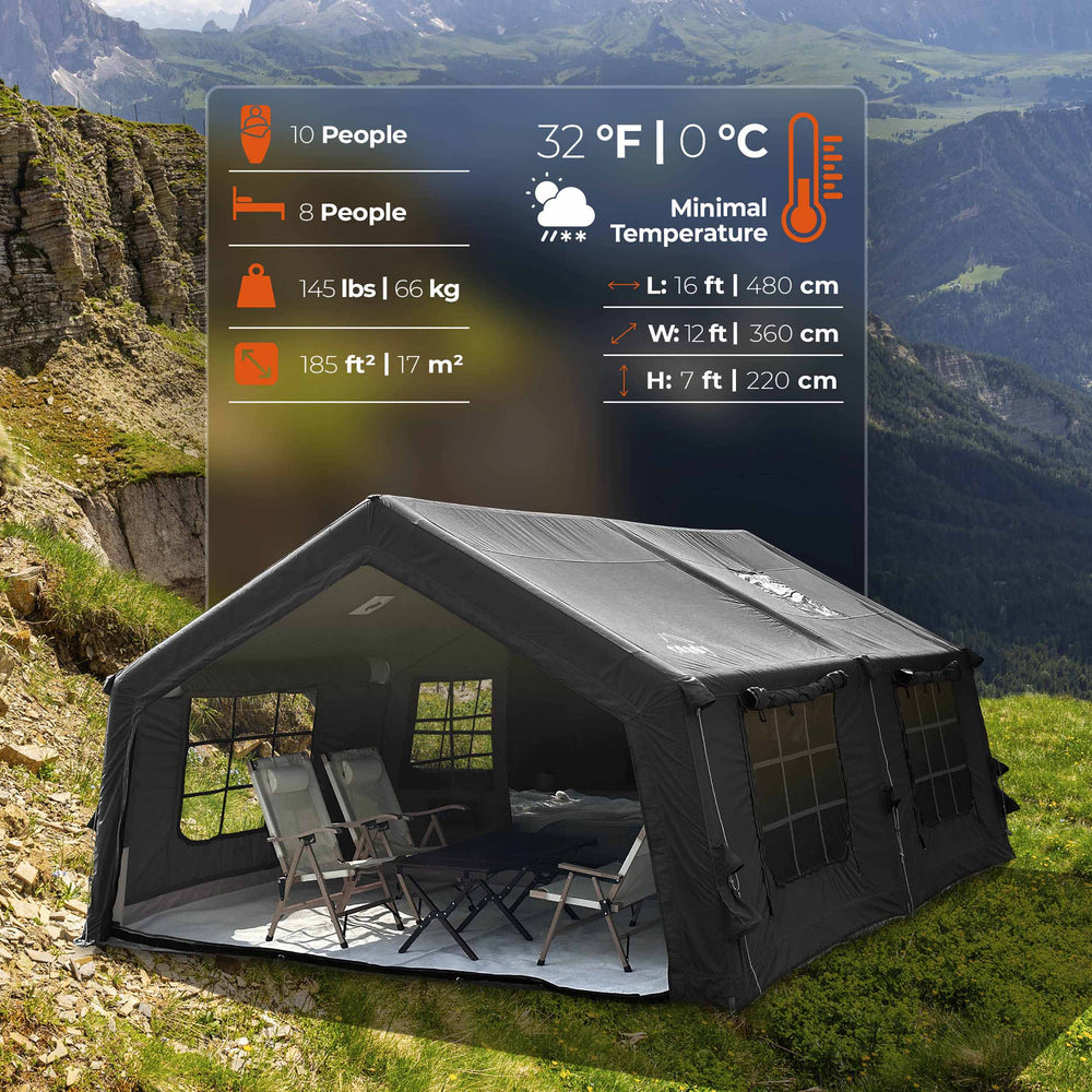 Coody 17.2 | RBM Outdoors (Koala 7) Black + Stove Caminus M - Inflatable Tents with Stove