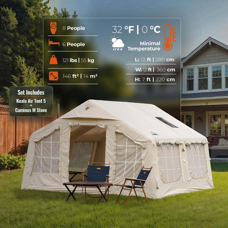 Coody 13.6 | RBM Outdoors Inflatable tent Koala 5 Beige + Stove Caminus M