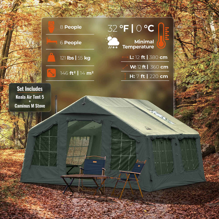 Coody 13.6 | RBM Outdoors (Koala 5) Forest Green + Stove Caminus M - Inflatable Tents with Stove