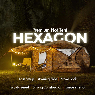 hot tent with floor RBM All-Seasons tent Hexagon for 2-9 person + Wood Stove Caminus M + T – Big Horn Golfer