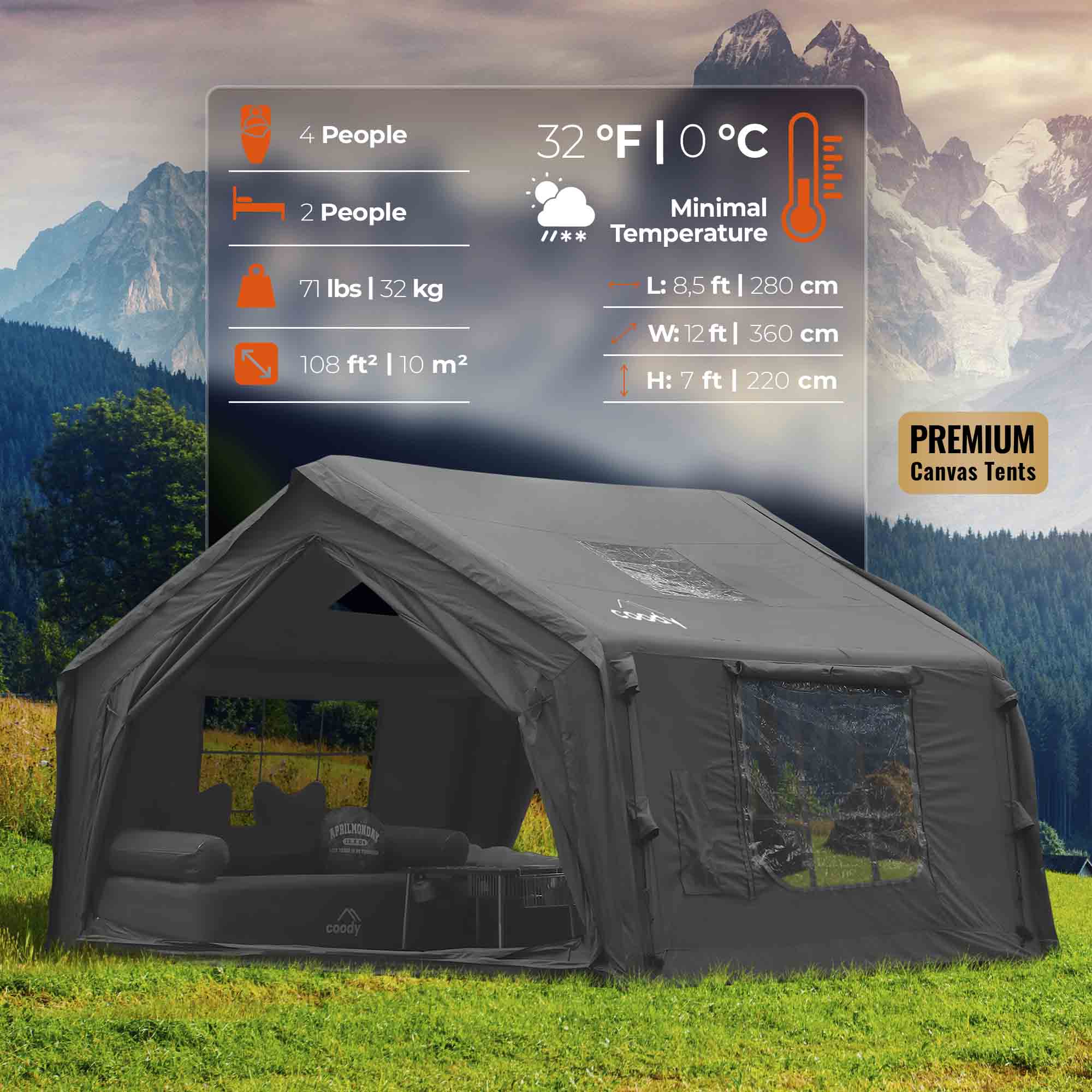 Coody 10.0 Black Inflatable Tent for Camping (2-4 person)