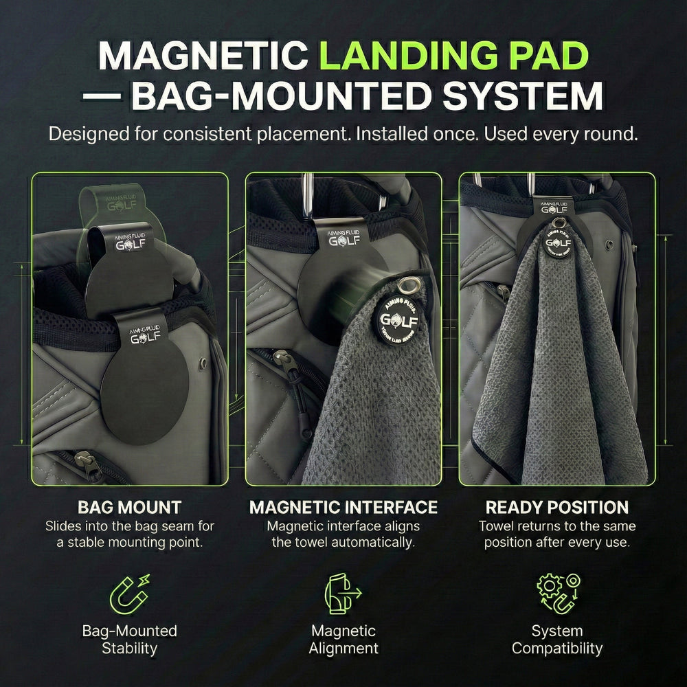 Aiming Fluid Golf - The 40 Magnetic Golf Towel + Landing Pad System
