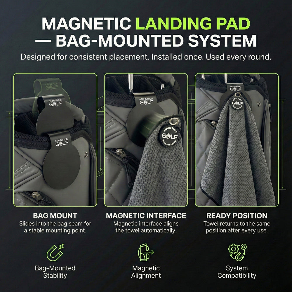 Aiming Fluid Golf - Stubby Magnetic Golf Towel + Landing Pad System