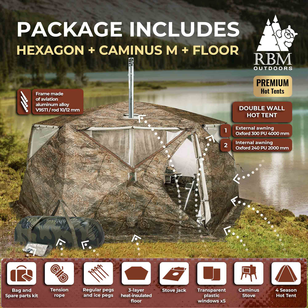 RBM All-Seasons tent Hexagon for 2-9 person + Wood Stove Caminus M