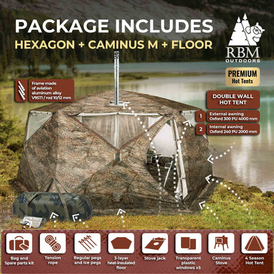 RBM All-Seasons tent Hexagon for 2-9 person + Wood Stove Caminus M
