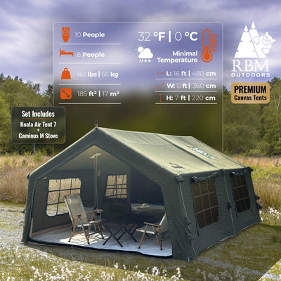 RBM Outdoors Coody 17.2 | RBM Outdoors (Koala 7) Forest Green + Stove Caminus M - Inflatable Tents with Stove