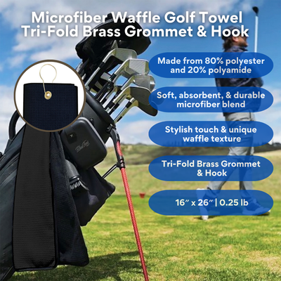 Tri-Fold Microfiber Waffle Golf Towel: Grommet & Hook Pack of 2