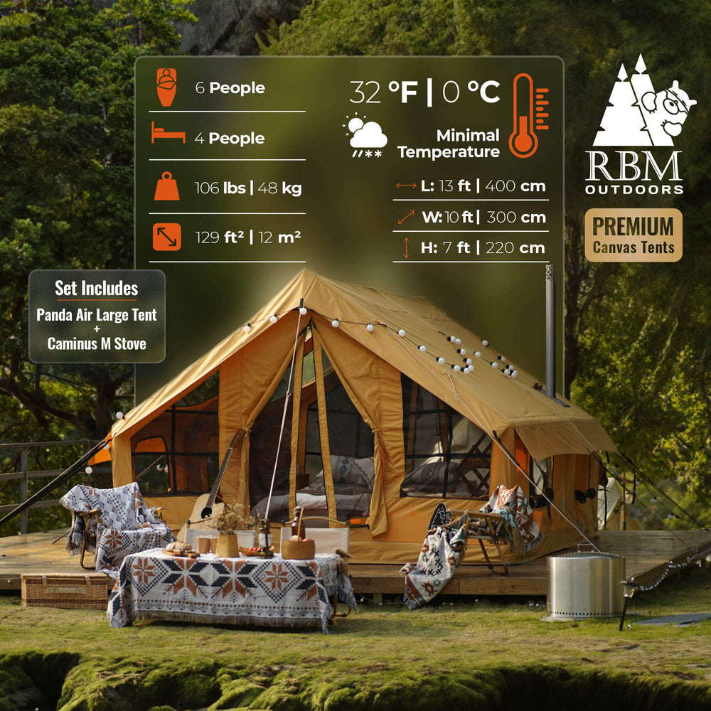 RBM Panda Large Sunny Beige + Stove Caminus M - Inflatable Tents for Camping with Stove
