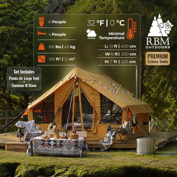 RBM Panda Large Sunny Beige + Stove Caminus M - Inflatable Tents for Camping with Stove