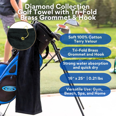 Tri-Fold Diamond Velour Golf Towel: Grommet & Hook Pack of 3