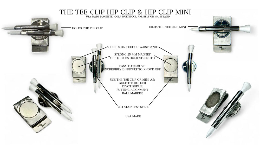 The Tee Clip Hip Clip™: USA Made Magnetic Golf Multi Tool Tee Holder For Belt or Waistband