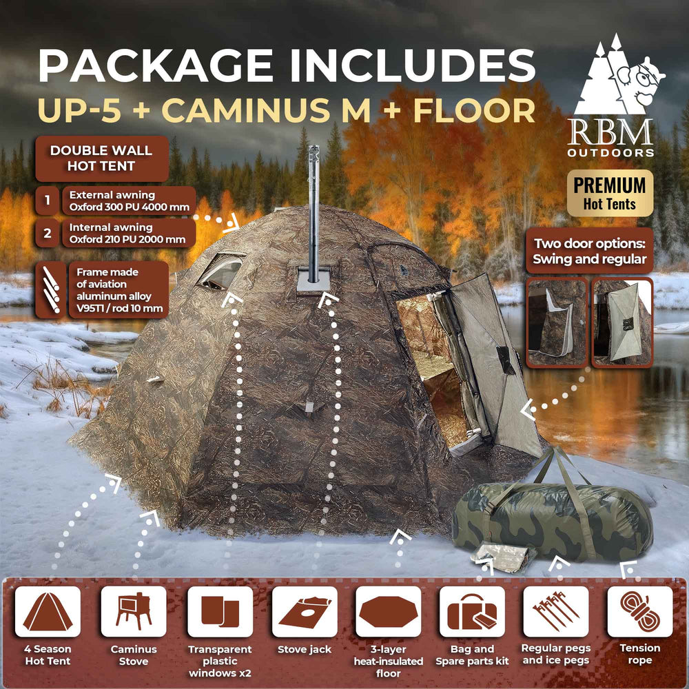 RBM All-Seasons tent  UP-5 for 2-6 person + Wood Stove Caminus M + Three-Layer Floor