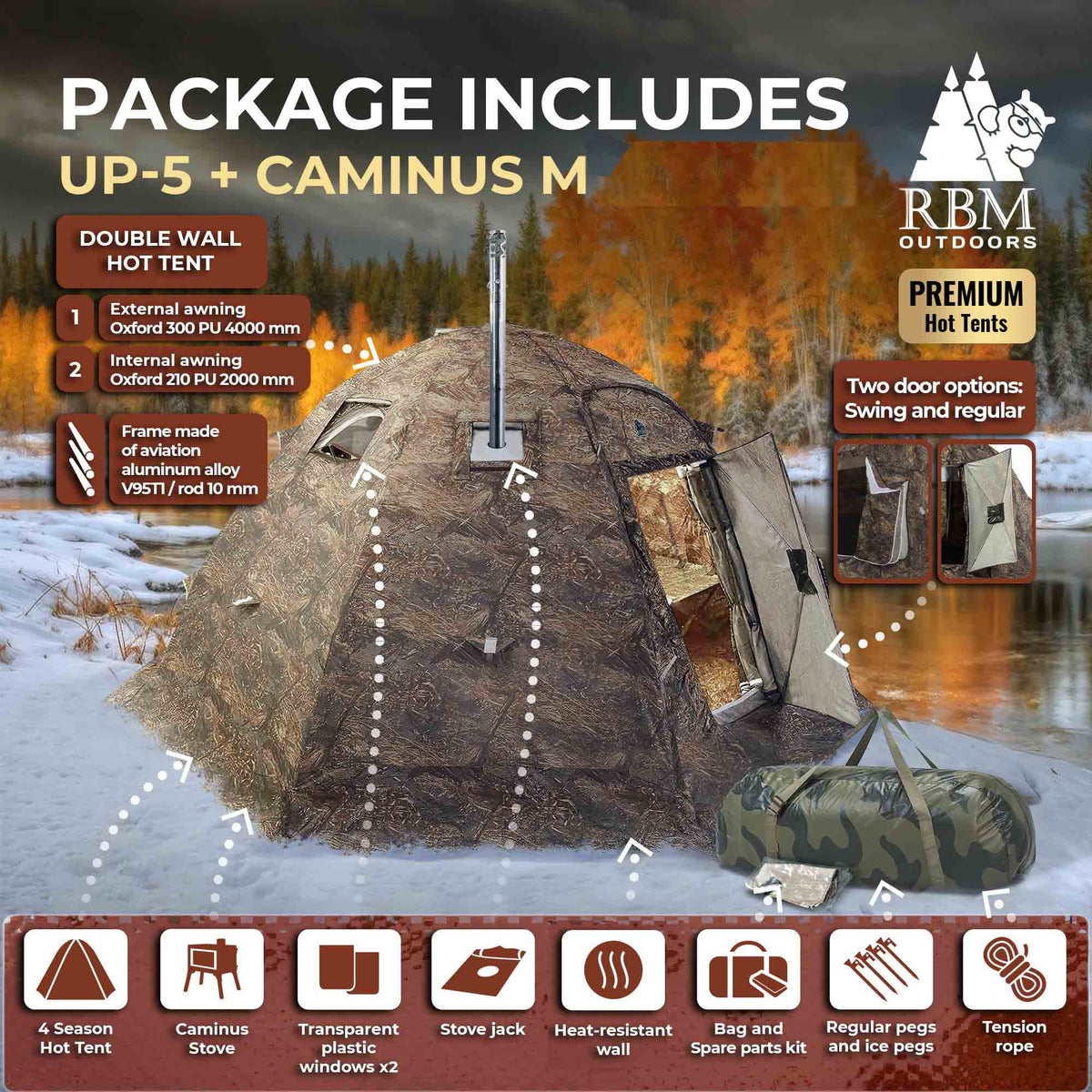 rbm up 5 hot tent All-Seasons UP-5 for 2-6 person + Wood Stove Caminus M – Big Horn Golfer Color: Weiß / Écru Enjoy quick setup and Modell:80 Bushmen ULTRA Tarp 2x3