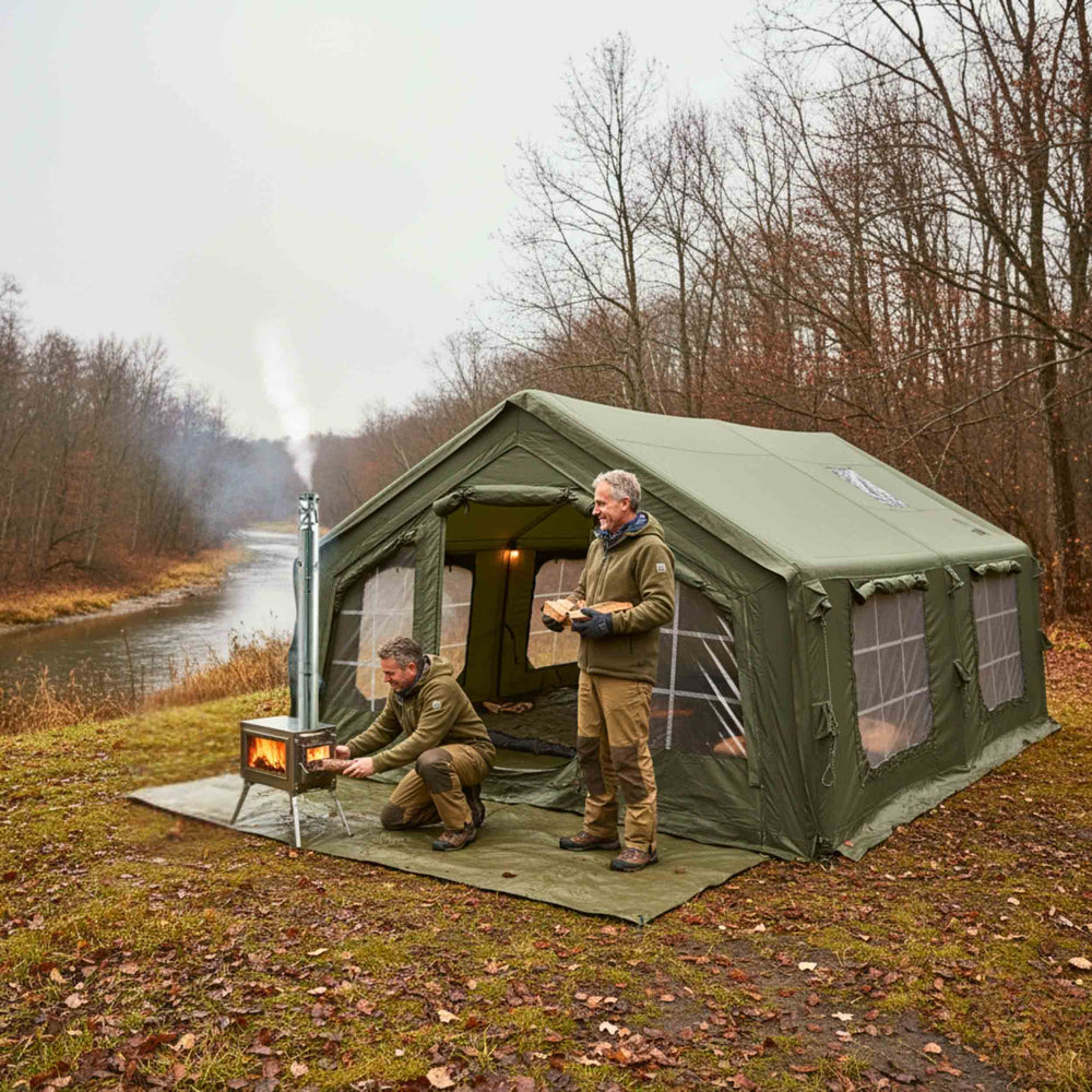 RBM Outdoors Coody 17.2 | RBM Outdoors (Koala 7) Forest Green + Stove Caminus M - Inflatable Tents with Stove