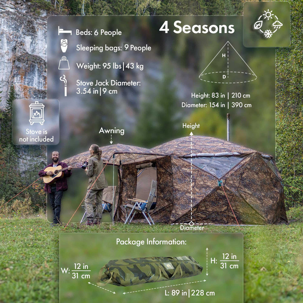 RBM All-Seasons tent Hexagon for 2-9 person + Wood Stove Caminus M