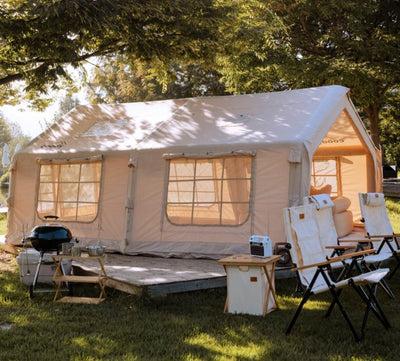 Coody 17.2 | RBM Outdoors (Koala 7) Beige + Stove Caminus M - Inflatable Tents for Camping with Stove