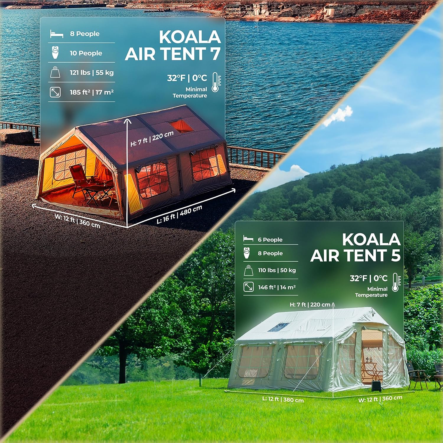 RBM OUTDOORS Koala Air Tent Inflatable Camping Tent 6-10 Person - Glamping  Outdoor Tents for Camping Waterproof Easy Setup - Canvas Hot Tent with