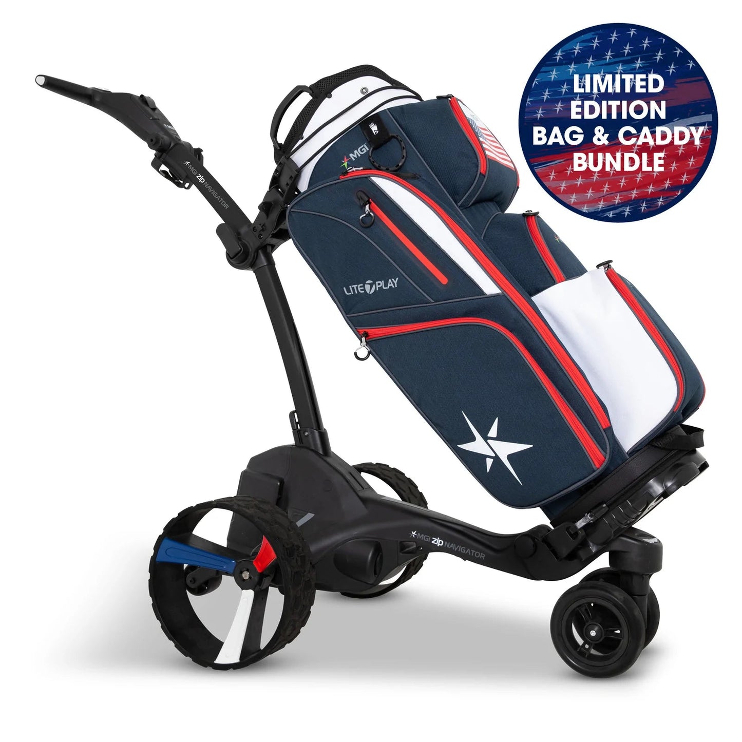MGI - Americana Zip Navigator Remote Control Push Cart & Bag Bundle - Big Horn Golfer