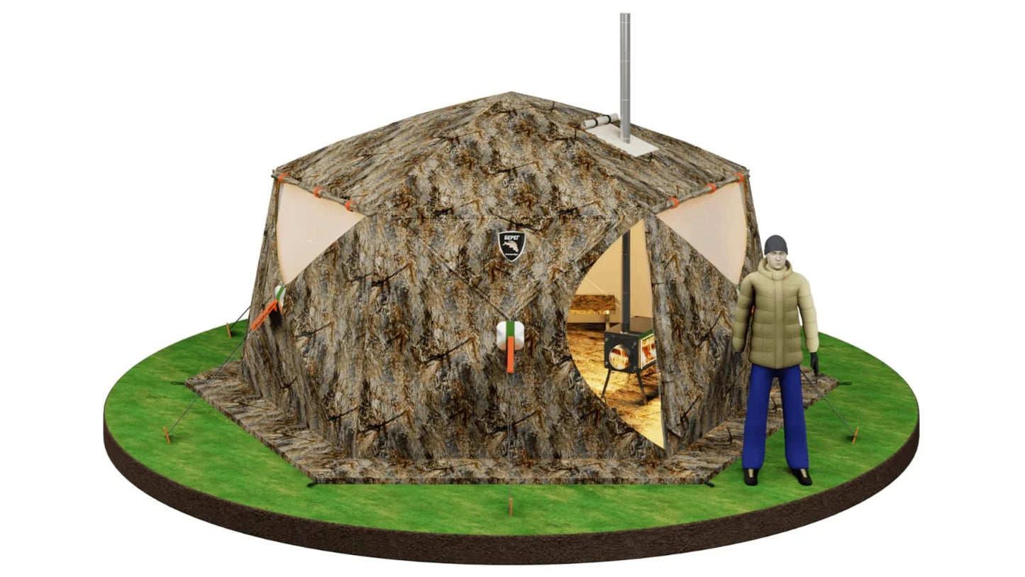 RBM Outdoors - All-Season Premium Outfitter Wall Tent with Stove Jack "Hexagon". Best for 8 person - Big Horn Golfer